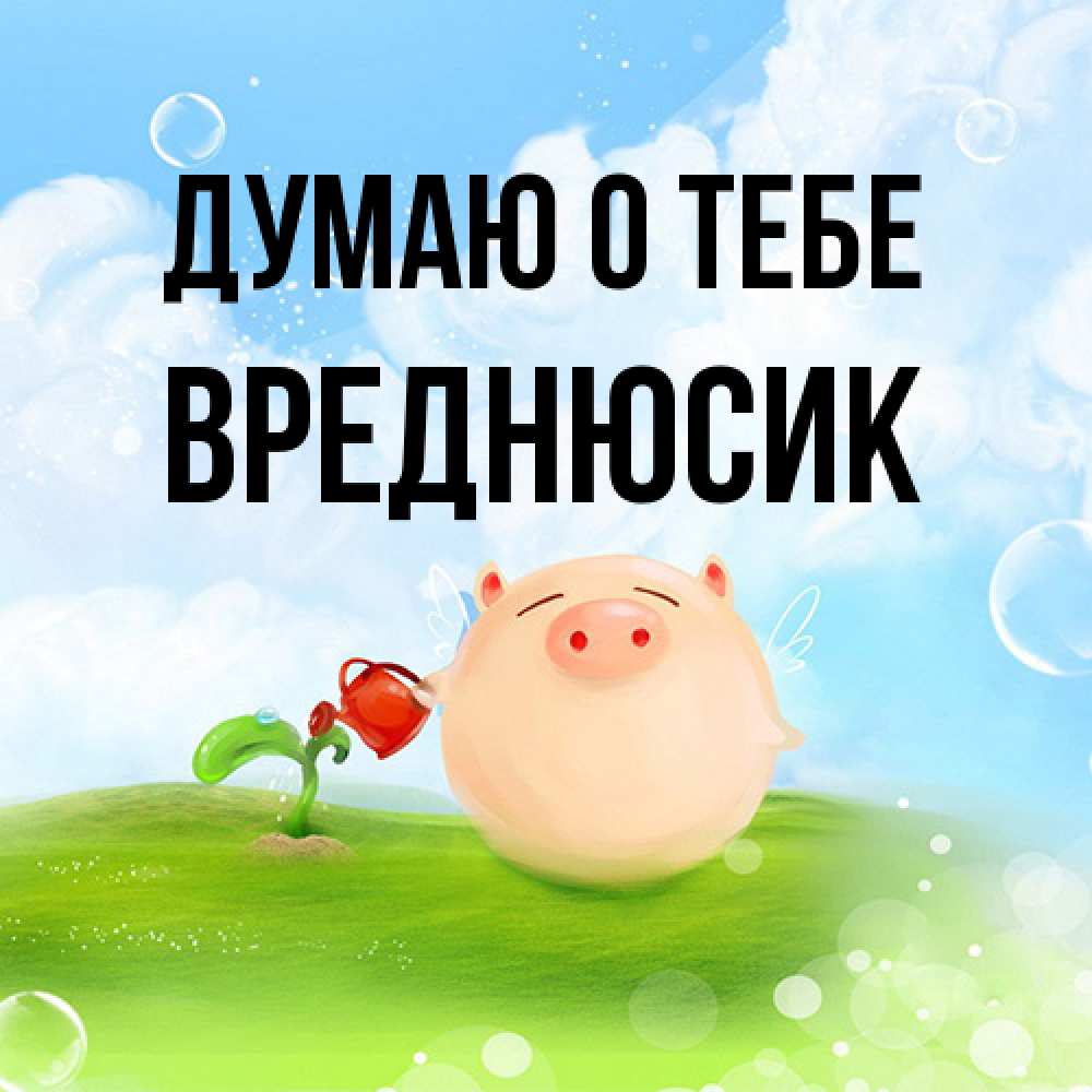 Открытка на каждый день с именем, Вреднюсик Думаю о тебе позитивная свинюшка Прикольная открытка с пожеланием онлайн скачать бесплатно 