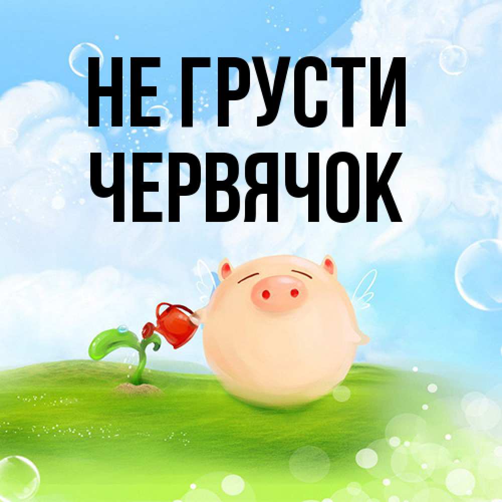 Открытка на каждый день с именем, Червячок Не грусти поливает цветок порося Прикольная открытка с пожеланием онлайн скачать бесплатно 