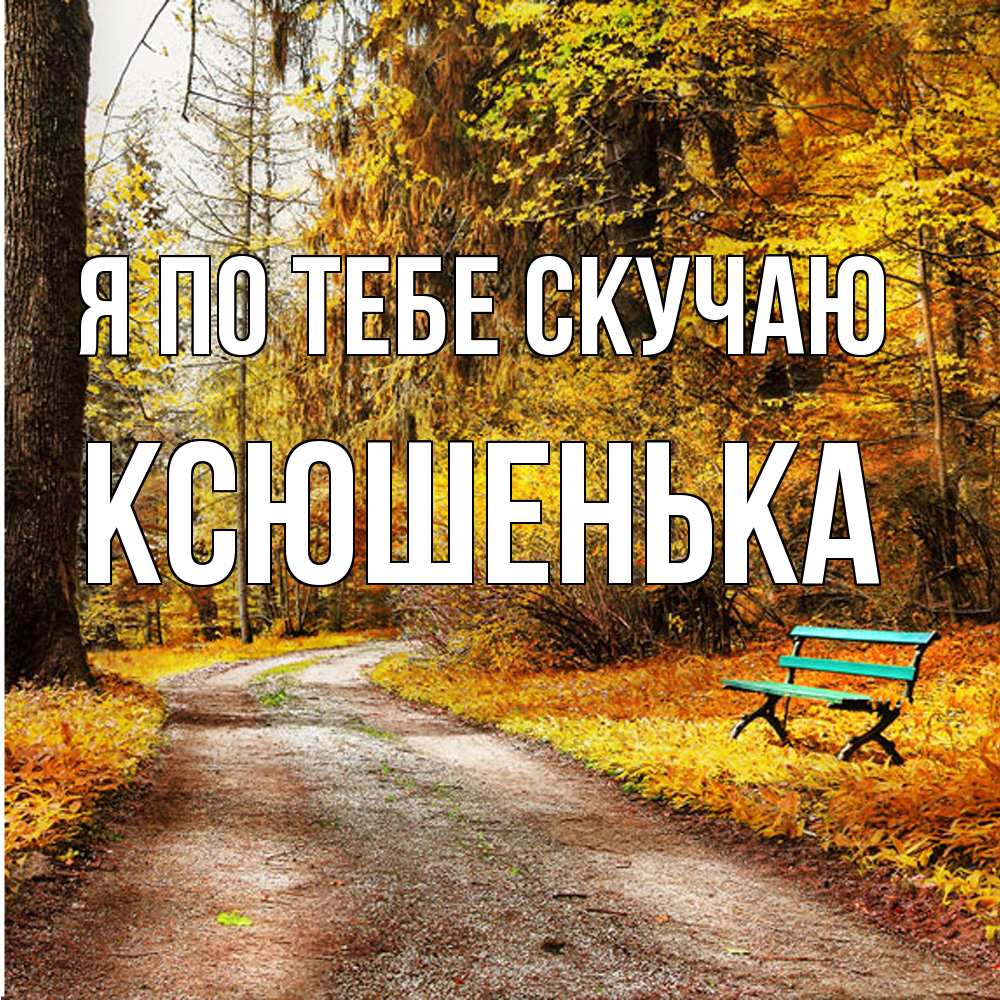 Открытка на каждый день с именем, Ксюшенька Я по тебе скучаю зеленая лавочка и осенний лес Прикольная открытка с пожеланием онлайн скачать бесплатно 