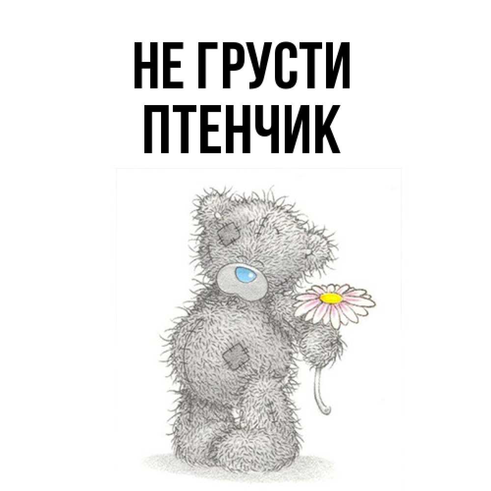 Открытка на каждый день с именем, Птенчик Не грусти Плюшевый медвежонок с заплатками Прикольная открытка с пожеланием онлайн скачать бесплатно 