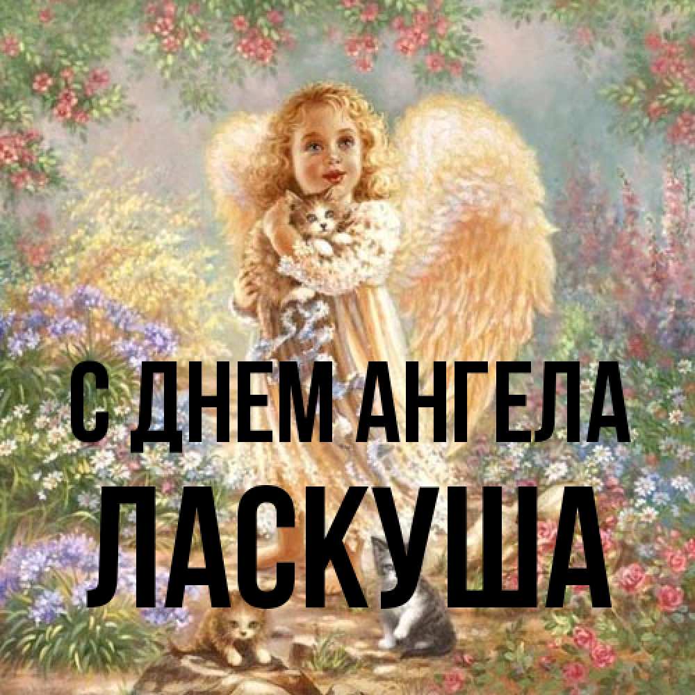 Открытка на каждый день с именем, ласкуша С днем ангела держит котенка Прикольная открытка с пожеланием онлайн скачать бесплатно 