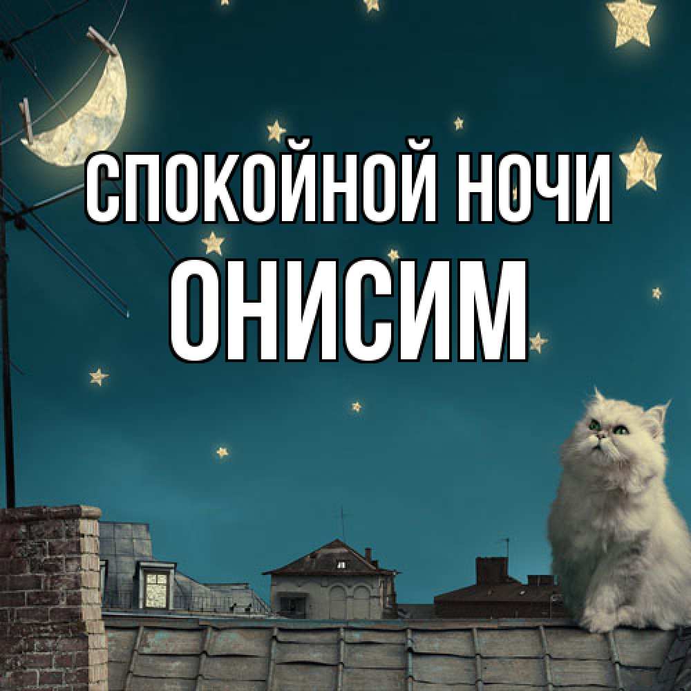 Открытка на каждый день с именем, Онисим Спокойной ночи белый кот сидит на крыше Прикольная открытка с пожеланием онлайн скачать бесплатно 