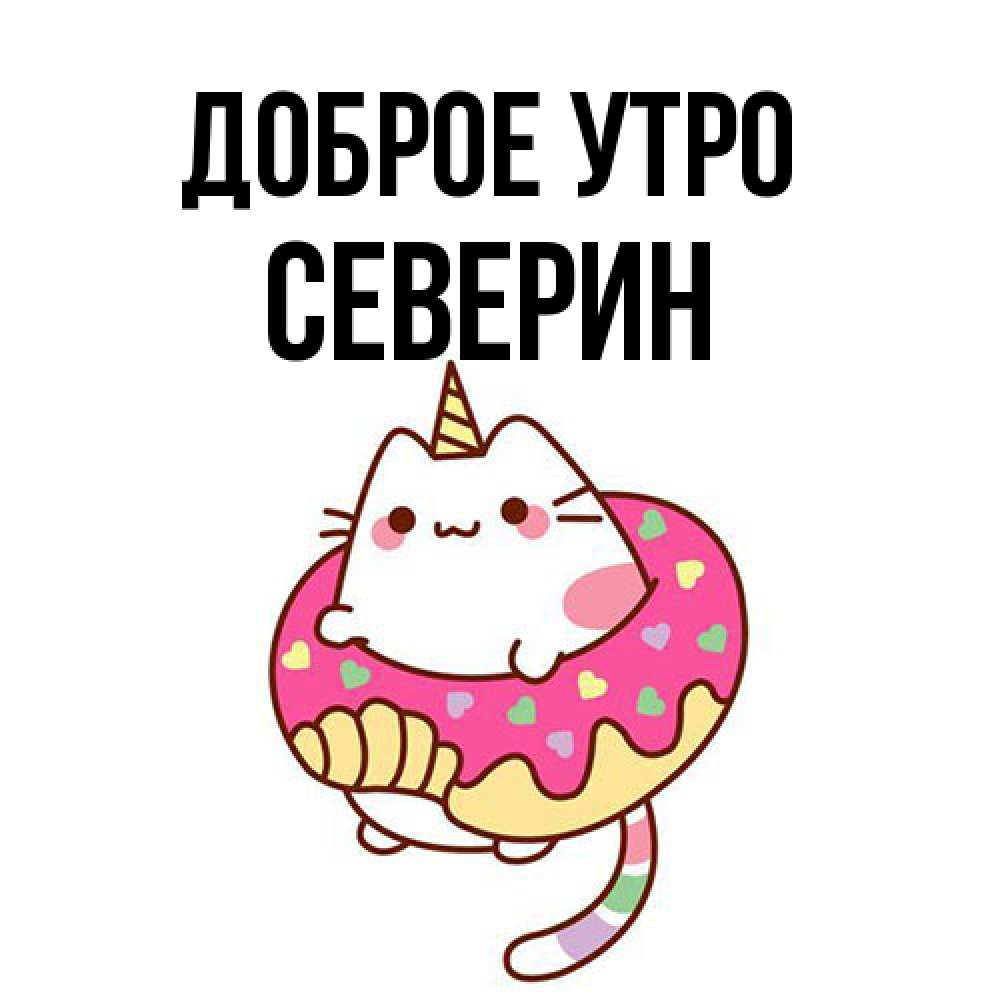 Открытка на каждый день с именем, Северин Доброе утро кот в бублике Прикольная открытка с пожеланием онлайн скачать бесплатно 
