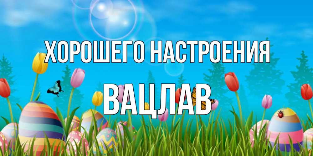 Открытка на каждый день с именем, Вацлав Хорошего настроения небо и тюльпаны с бабочкой Прикольная открытка с пожеланием онлайн скачать бесплатно 