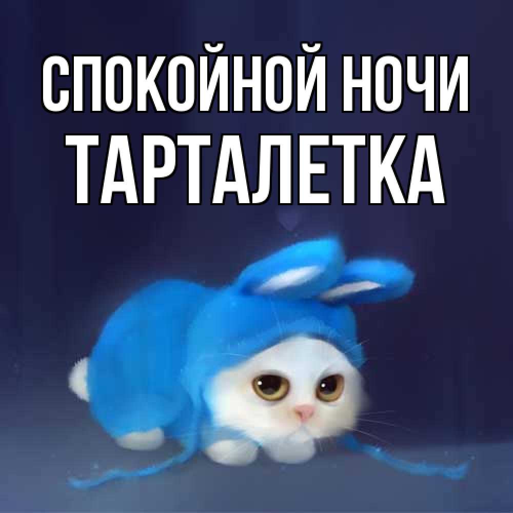 Открытка на каждый день с именем, Тарталетка Спокойной ночи кот в голубом костюме кролика с ушками Прикольная открытка с пожеланием онлайн скачать бесплатно 