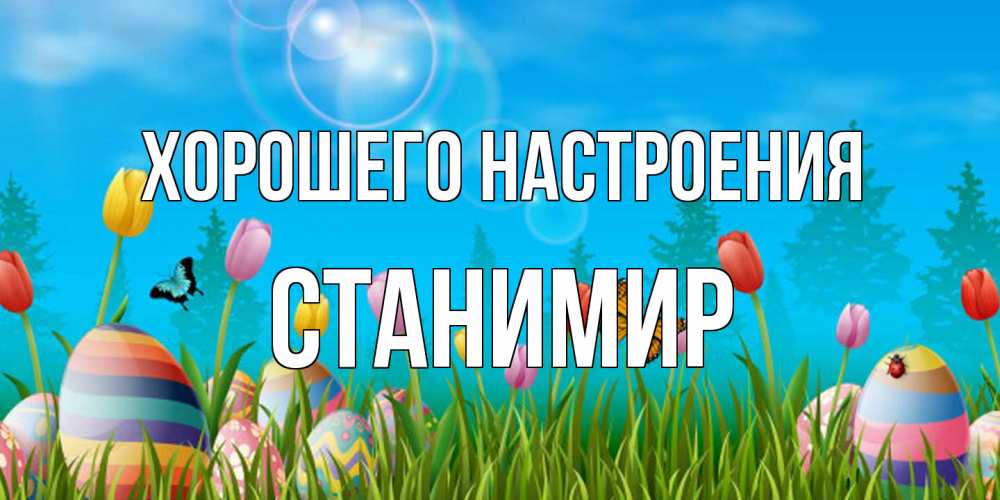 Открытка на каждый день с именем, Станимир Хорошего настроения небо и тюльпаны с бабочкой Прикольная открытка с пожеланием онлайн скачать бесплатно 