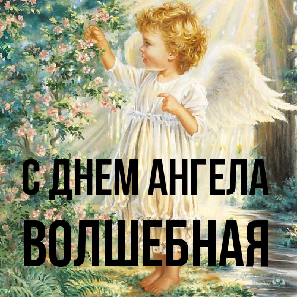 Открытка на каждый день с именем, Волшебная С днем ангела собирает цветы Прикольная открытка с пожеланием онлайн скачать бесплатно 
