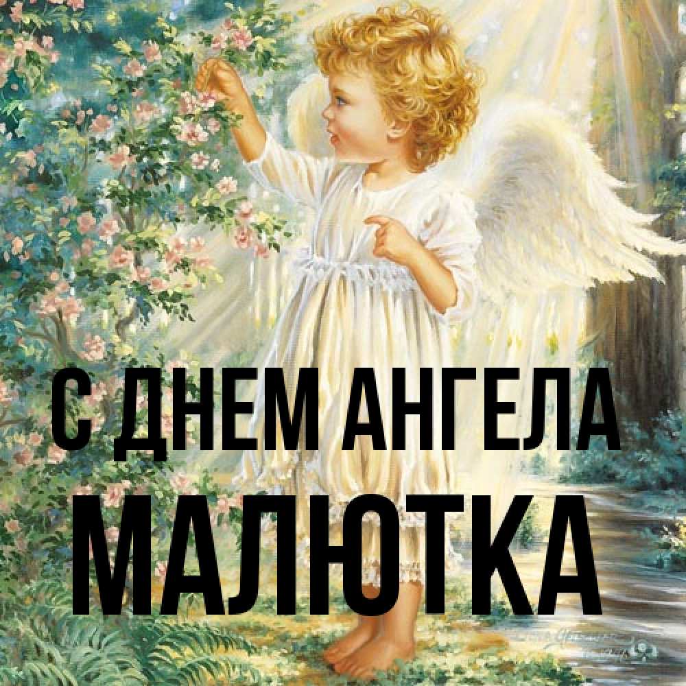 Открытка на каждый день с именем, малютка С днем ангела собирает цветы Прикольная открытка с пожеланием онлайн скачать бесплатно 