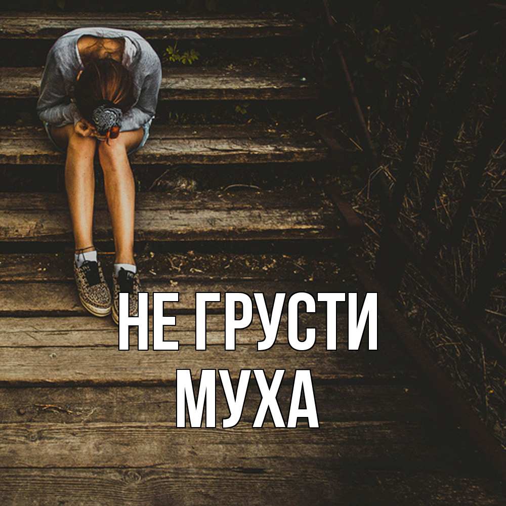 Открытка на каждый день с именем, Муха Не грусти девушка сидит на деревянных ступеньках Прикольная открытка с пожеланием онлайн скачать бесплатно 