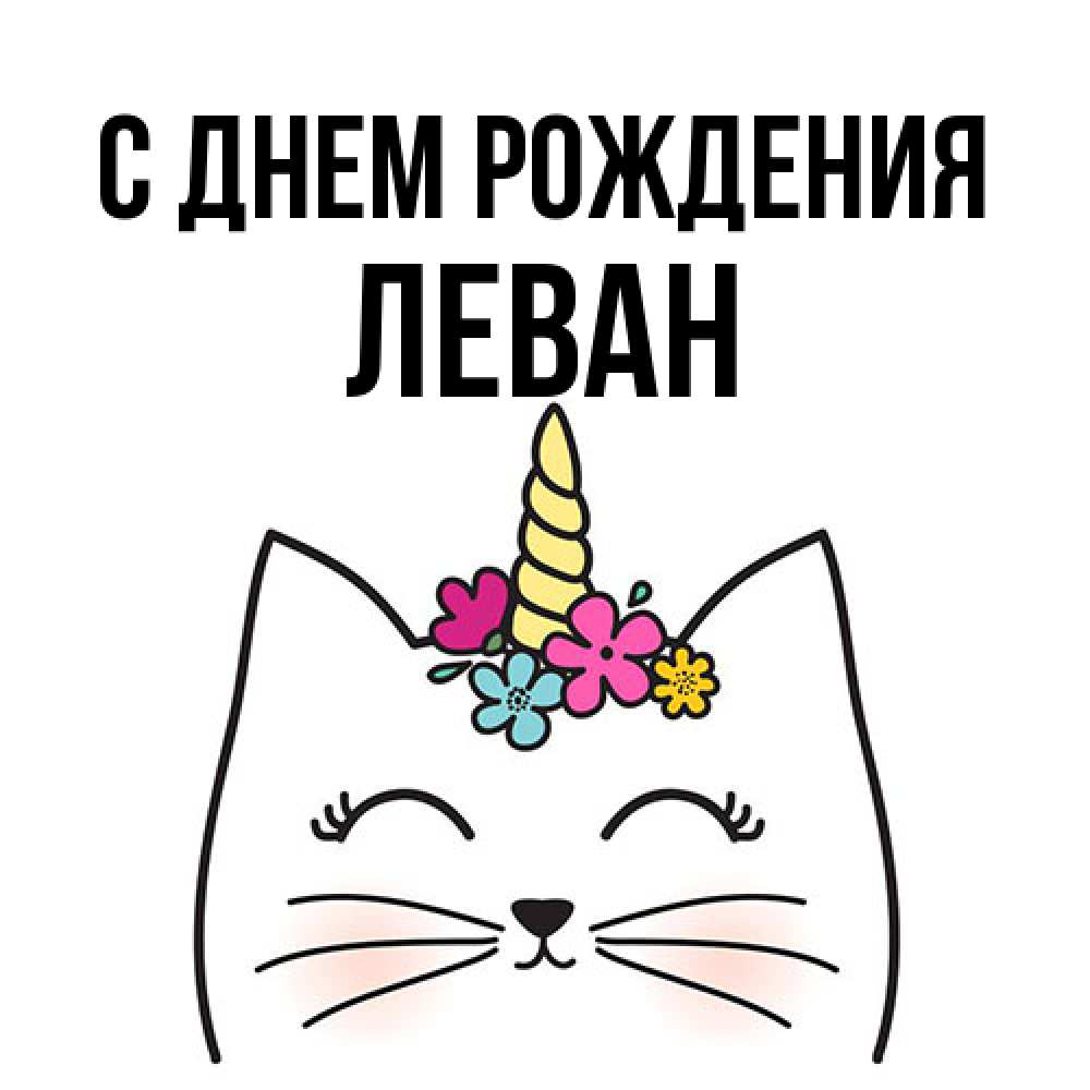Открытка на каждый день с именем, Леван С днем рождения милый кот с одним рожком Прикольная открытка с пожеланием онлайн скачать бесплатно 