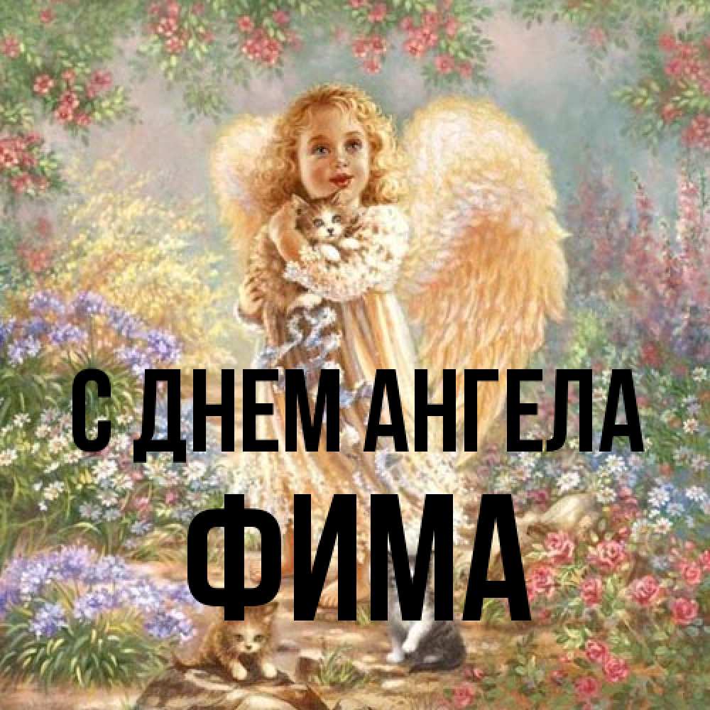 Открытка на каждый день с именем, Фима С днем ангела держит котенка Прикольная открытка с пожеланием онлайн скачать бесплатно 