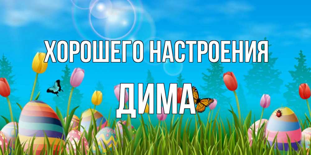 Открытка на каждый день с именем, Дима Хорошего настроения небо и тюльпаны с бабочкой Прикольная открытка с пожеланием онлайн скачать бесплатно 