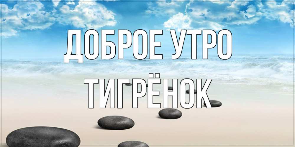 Открытка на каждый день с именем, Тигрёнок Доброе утро море небо и песок Прикольная открытка с пожеланием онлайн скачать бесплатно 
