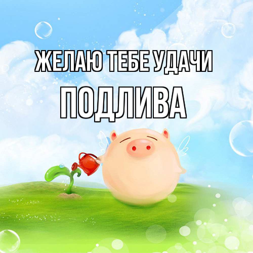 Открытка на каждый день с именем, Подлива Желаю тебе удачи поросенок поливает цветок. летнее настроение Прикольная открытка с пожеланием онлайн скачать бесплатно 