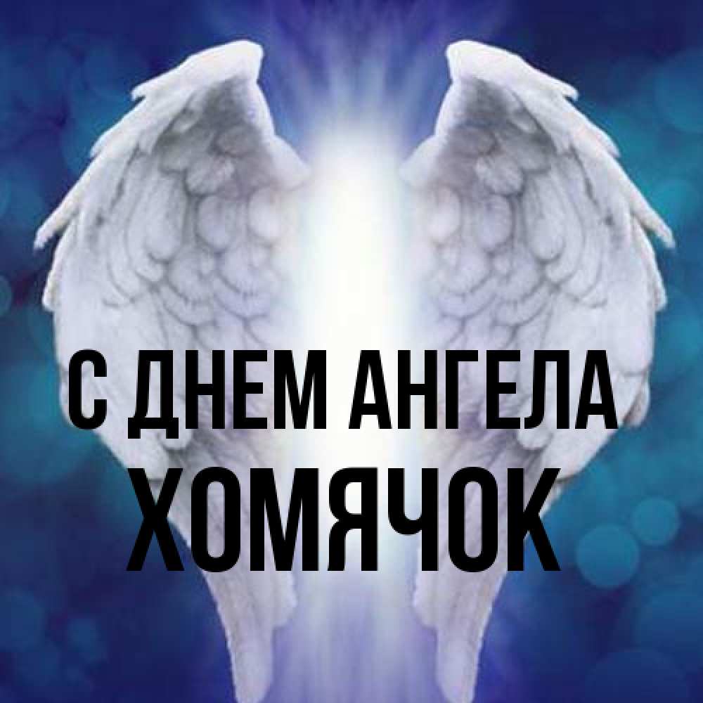 Открытка на каждый день с именем, Хомячок С днем ангела синий фон и крылышки Прикольная открытка с пожеланием онлайн скачать бесплатно 