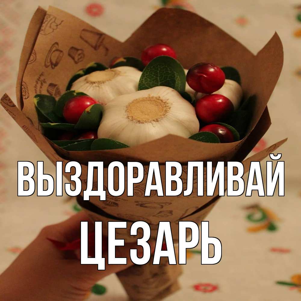 Открытка на каждый день с именем, Цезарь Выздоравливай букет из фитонцидов и витамина c Прикольная открытка с пожеланием онлайн скачать бесплатно 
