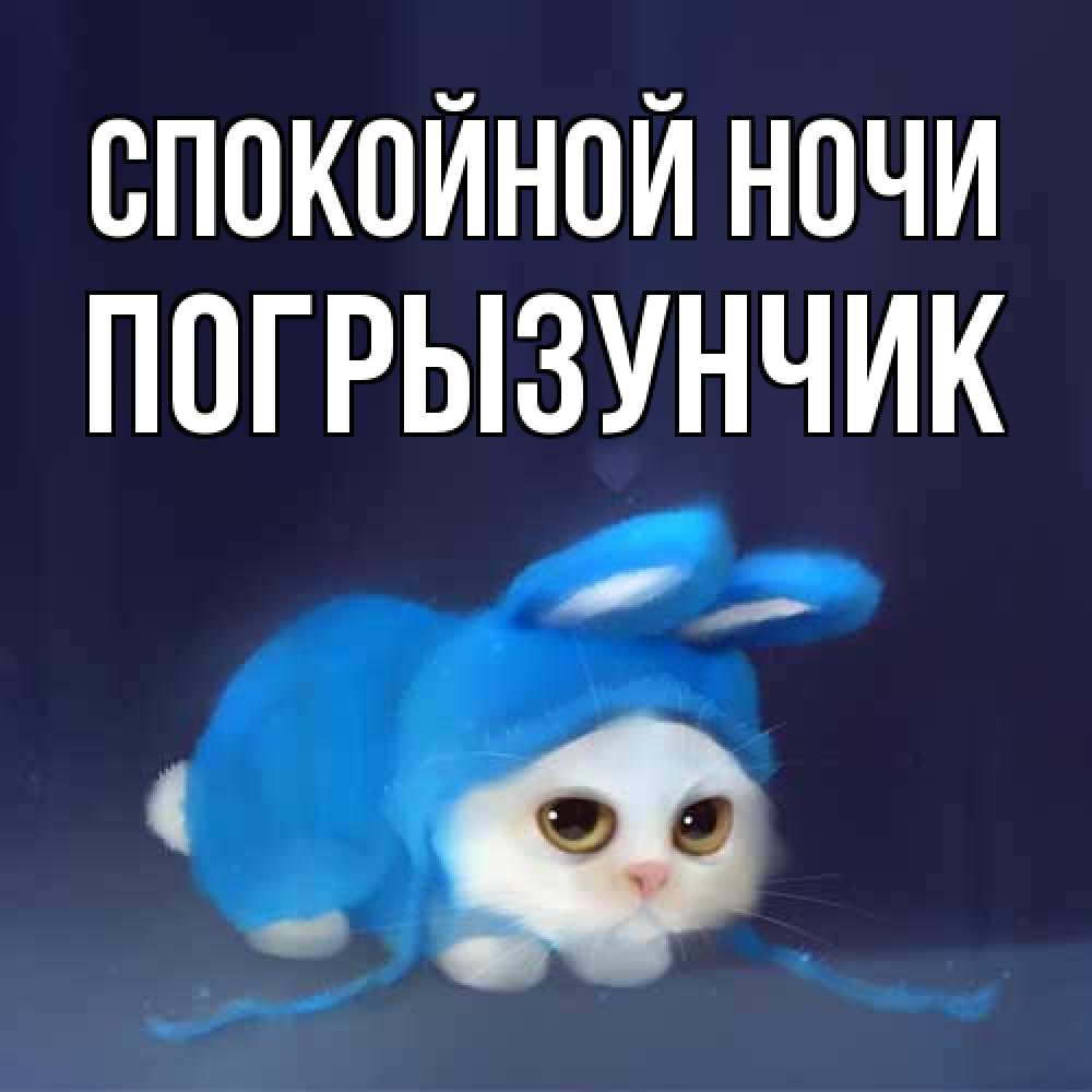 Открытка на каждый день с именем, Погрызунчик Спокойной ночи кот в голубом костюме кролика с ушками Прикольная открытка с пожеланием онлайн скачать бесплатно 