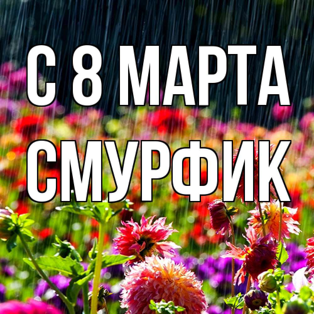 Открытка на каждый день с именем, Смурфик C 8 МАРТА цветы под дождиком к международному женскому дню Прикольная открытка с пожеланием онлайн скачать бесплатно 