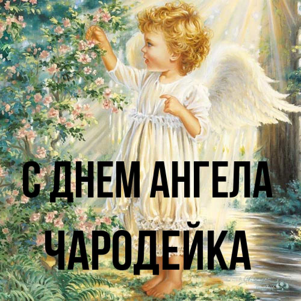 Открытка на каждый день с именем, Чародейка С днем ангела собирает цветы Прикольная открытка с пожеланием онлайн скачать бесплатно 