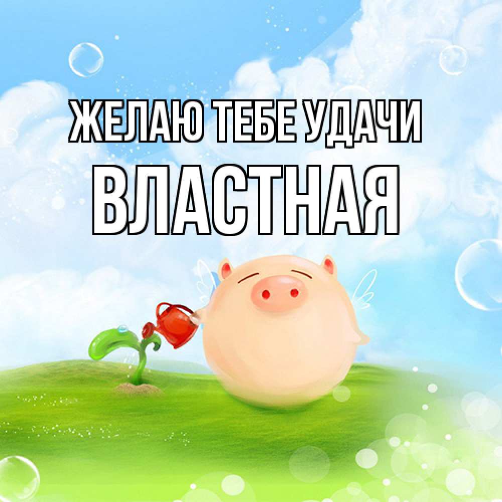 Открытка на каждый день с именем, властная Желаю тебе удачи поросенок поливает цветок. летнее настроение Прикольная открытка с пожеланием онлайн скачать бесплатно 