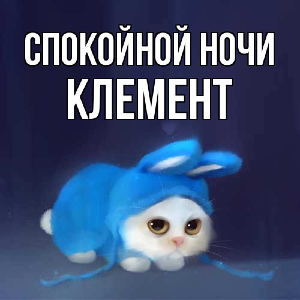Открытка на каждый день с именем, Клемент Спокойной ночи кот в голубом костюме кролика с ушками Прикольная открытка с пожеланием онлайн скачать бесплатно 