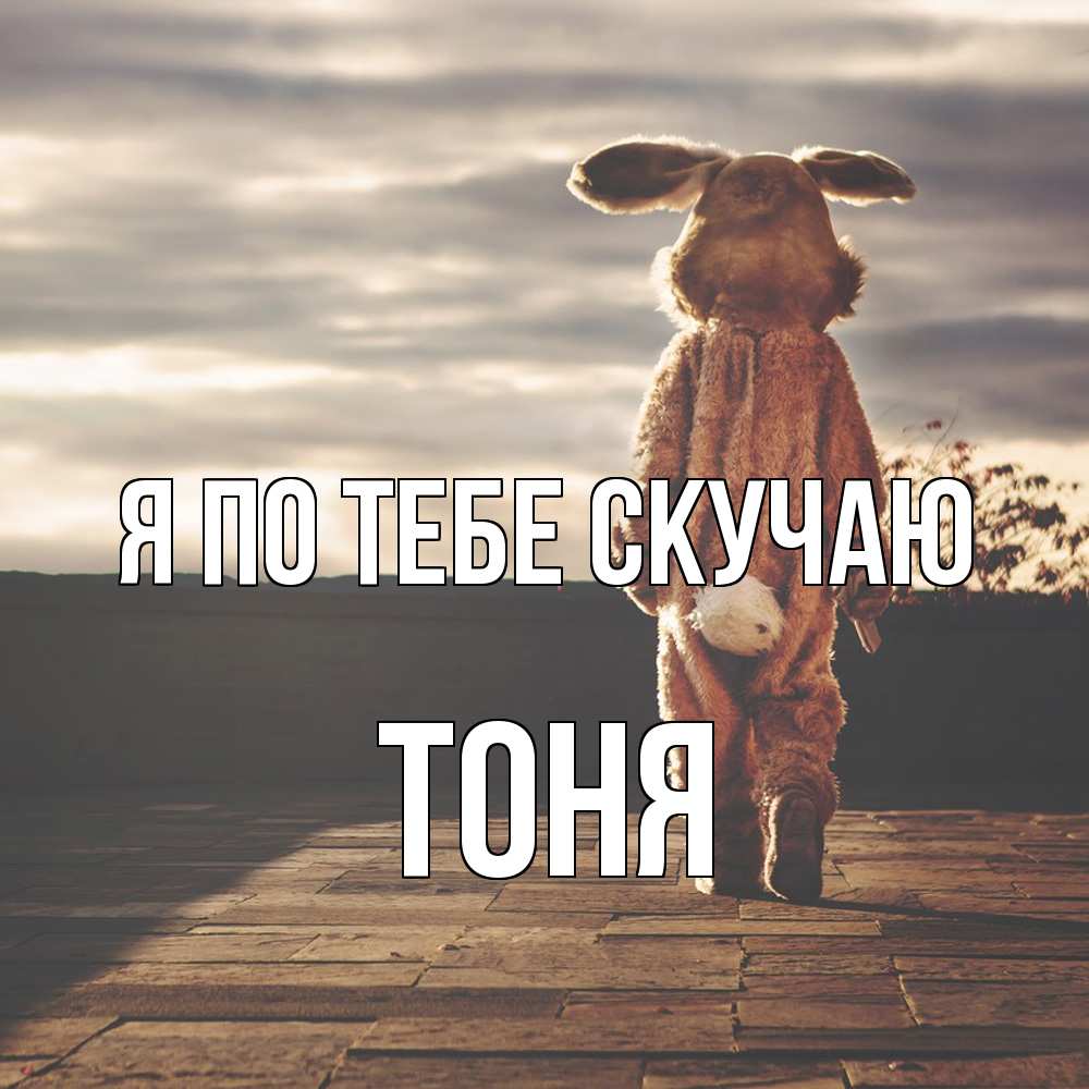Открытка на каждый день с именем, Тоня Я по тебе скучаю даже в костюме зайца Прикольная открытка с пожеланием онлайн скачать бесплатно 