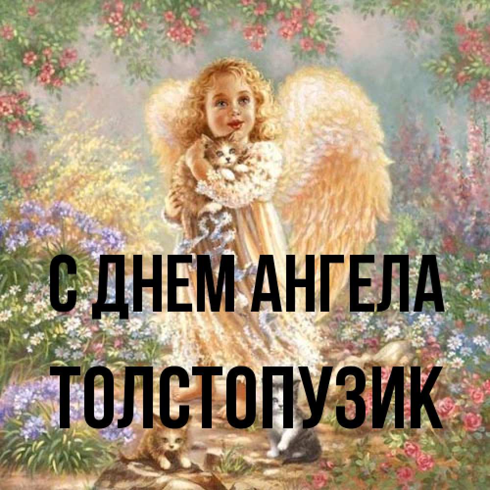 Открытка на каждый день с именем, Толстопузик С днем ангела держит котенка Прикольная открытка с пожеланием онлайн скачать бесплатно 