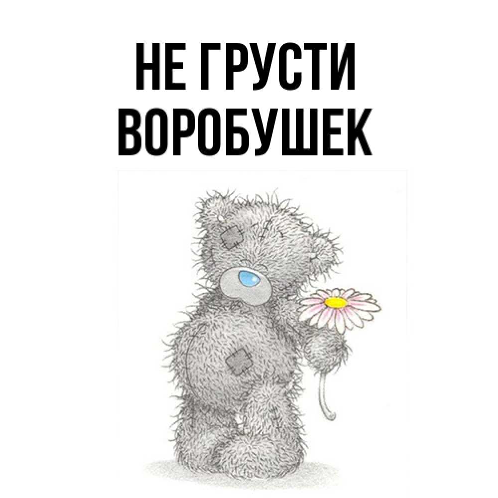 Открытка на каждый день с именем, Воробушек Не грусти Плюшевый медвежонок с заплатками Прикольная открытка с пожеланием онлайн скачать бесплатно 