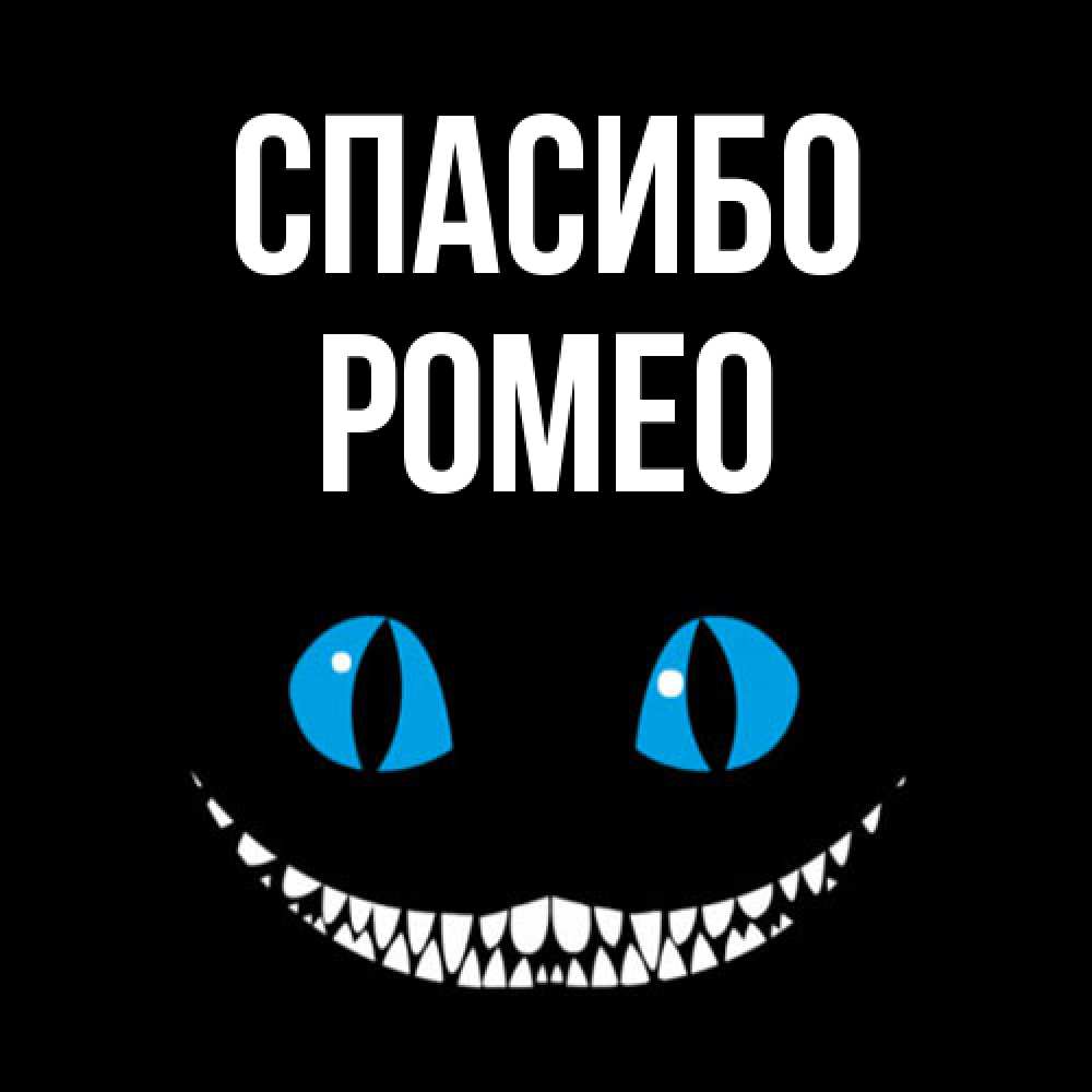 Открытка на каждый день с именем, Ромео Спасибо благодарю от чеширика Прикольная открытка с пожеланием онлайн скачать бесплатно 