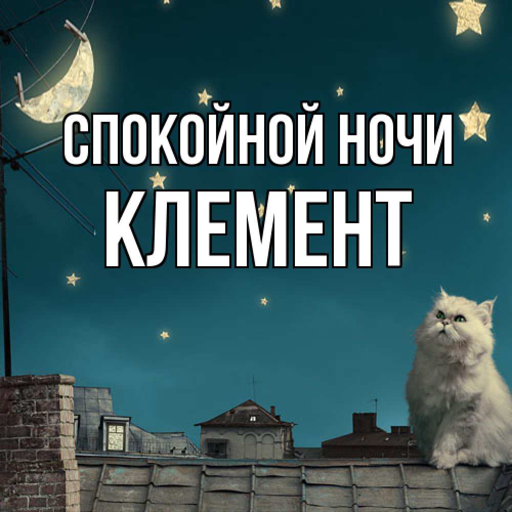 Открытка на каждый день с именем, Клемент Спокойной ночи белый кот сидит на крыше Прикольная открытка с пожеланием онлайн скачать бесплатно 
