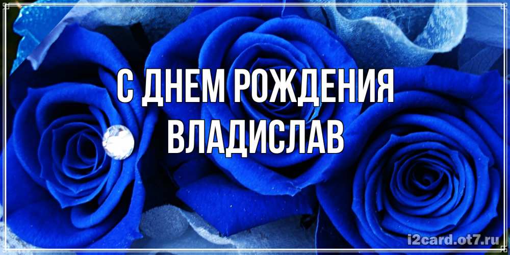Открытка на каждый день с именем, Владислав С днем рождения синие розы в росе Прикольная открытка с пожеланием онлайн скачать бесплатно 