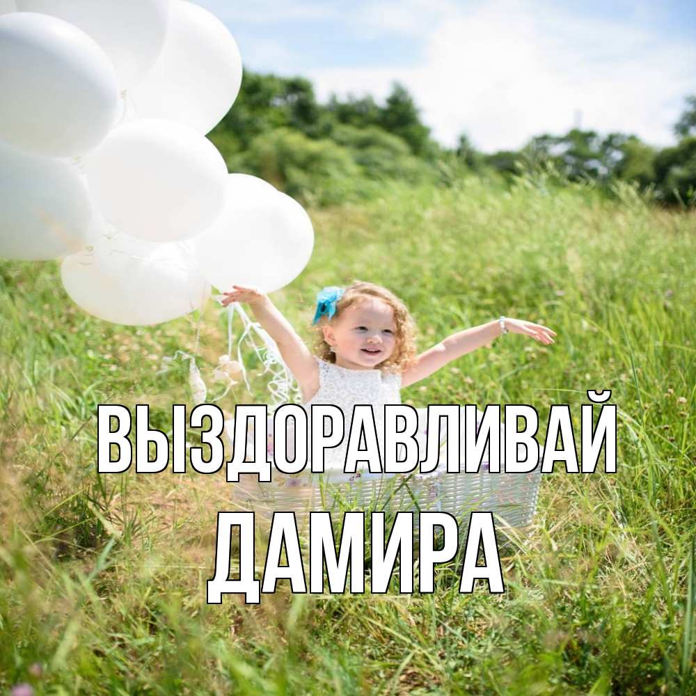 Открытка на каждый день с именем, Дамира Выздоравливай девочка сидит в корзине наверное от этого больной должен выздороветь Прикольная открытка с пожеланием онлайн скачать бесплатно 