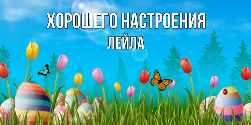 Открытка на каждый день с именем, Лейла Хорошего настроения небо и тюльпаны с бабочкой Прикольная открытка с пожеланием онлайн скачать бесплатно 