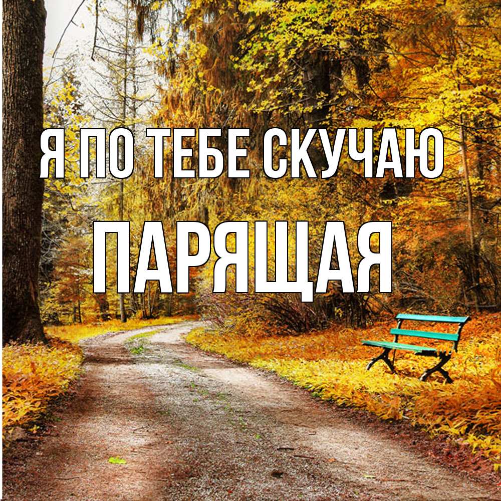 Открытка на каждый день с именем, Паpящая Я по тебе скучаю зеленая лавочка и осенний лес Прикольная открытка с пожеланием онлайн скачать бесплатно 